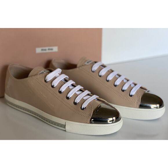NIB Miu Miu Women's Metal Cap Toe Leather Sneakers (40 Euro) 5E8998 IT - Picture 3 of 8